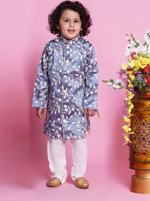 White Leaf Bandh Gala Sherwani with Pyjama - Grey