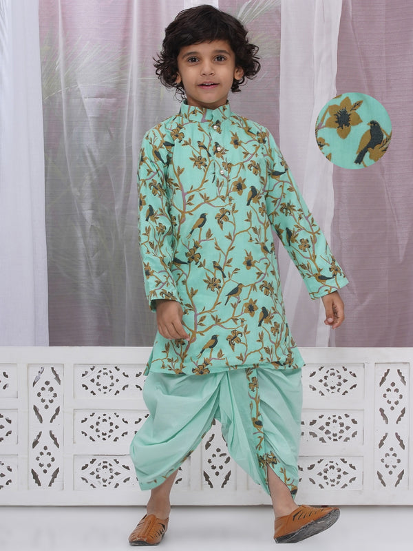 Boys Cotton Full Sleeves Kurta and Dhoti with Floral Bird Thread Embroidery- Mint Green