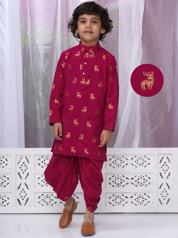 Boys Cotton Full Sleeves Kurta and Dhoti with Golden Deer Zari Work- Rose Red