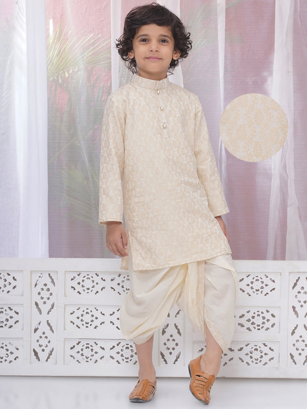 Boys Cotton Full Sleeves Kurta and Dhoti with Ambi Zari Embroidery - Cream