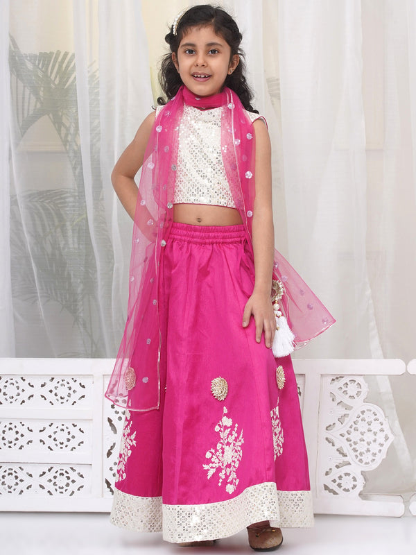 Little Bansi Girls Silk Brocade Kali Work Lehenga with Floral Thread Work & Sequin work Sleeveless Blouse with Dupatta - Hot Pink