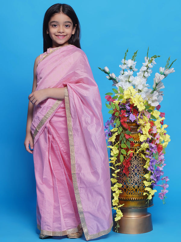 Floral Zari Blouse with Chanderi Silk Ready to wear Saree - Pink