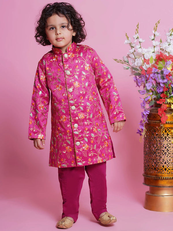 Mulberry Silk Full Sleeves Floral Embroiderd Sherwani with Cotton Pyjama  - Hot Pink