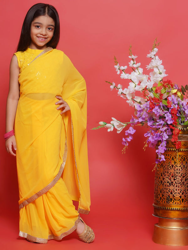 Floral Embroidery Blouse with Ready to wear Georgette Saree - Yellow