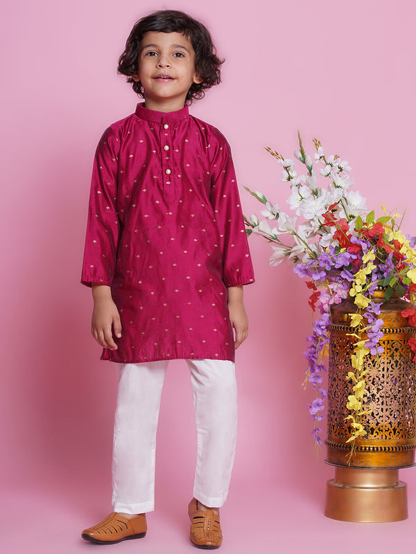 Cotton Silk Full Sleeves Zari Embroidered Kurta with Pyjama -Hot Pink