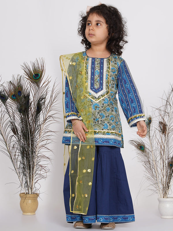 Girls Lacework Floral Kurta with Sharara and Dupatta in Indigo Blue and Green - Little Bansi