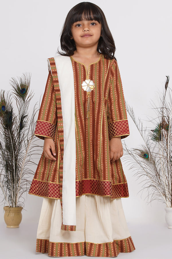 Girls Cotton Jaipuri Princecut Kurta frock with Sharara and Dupatta - Little Bansi