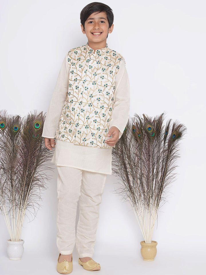 Silk Blue Floral Embroidery Jacket with Cotton Kantha kurta and Kantha Pyjama - Little Bansi