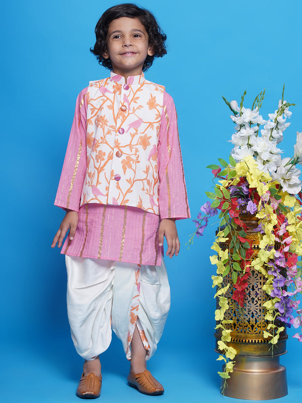 Cotton Sleevelees Floral Bird Thread Embrodiery Nehru Jacket with Striped Kurta and Dhoti - Pink and Cream