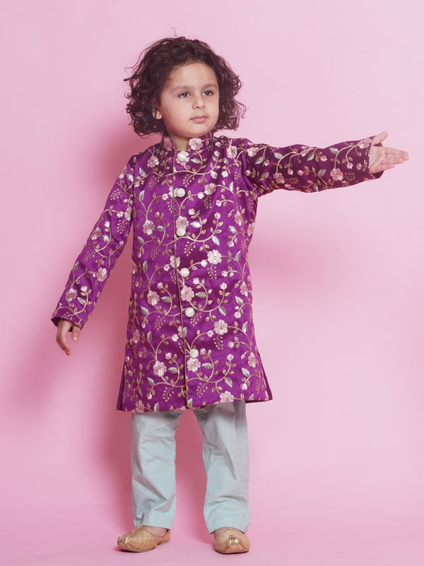 Floral Embroidery Sherwani with Pyjama - Purple & Green