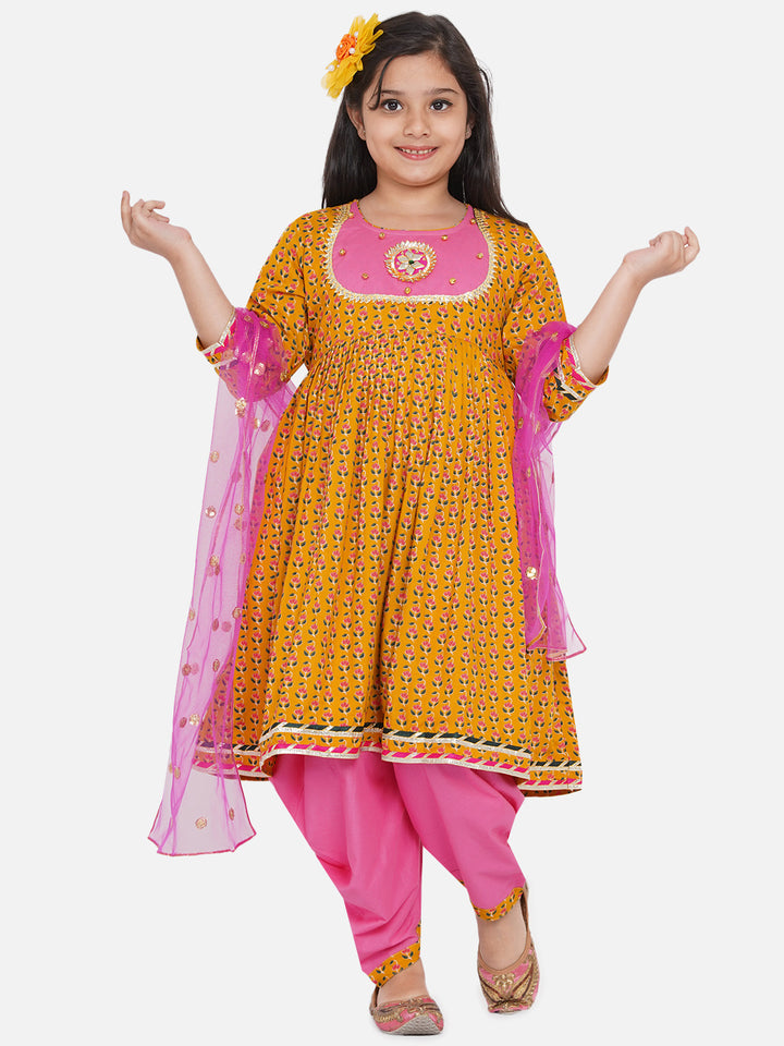 Girls Jaipuri Print Kurta Frock with Salwar in Yellow & Pink - Little Bansi