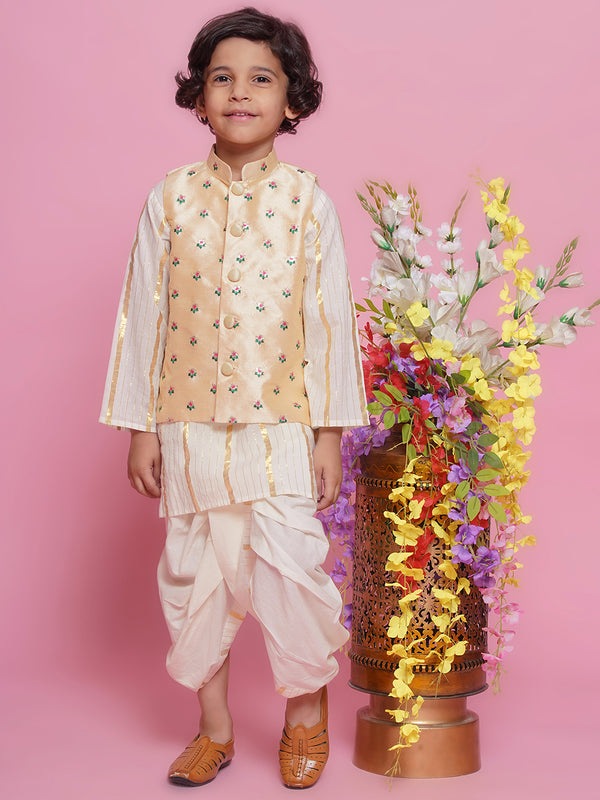 Cotton Full Sleeves Kurta with Floral Embroidery Nehru Jacket and Dhoti -Cream