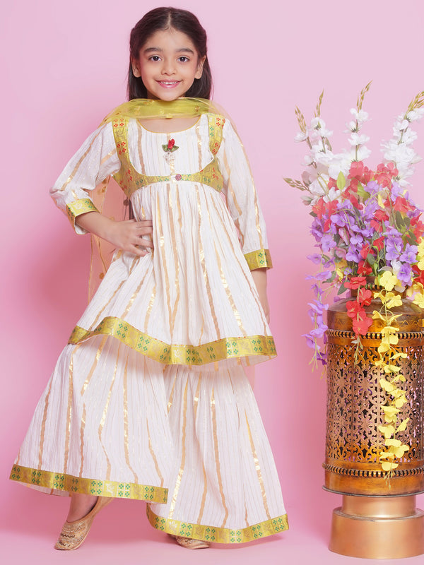 Girls Cotton Bird & Floral Anarkali Sharara Set with Dupatta - Cream