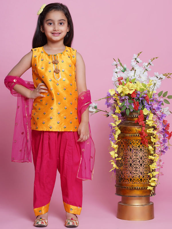 Mulberry Silk Sleeveless Floral Choti Buti Embroidery Kurta with  Salwar & Dupatta - Yellow and Pink