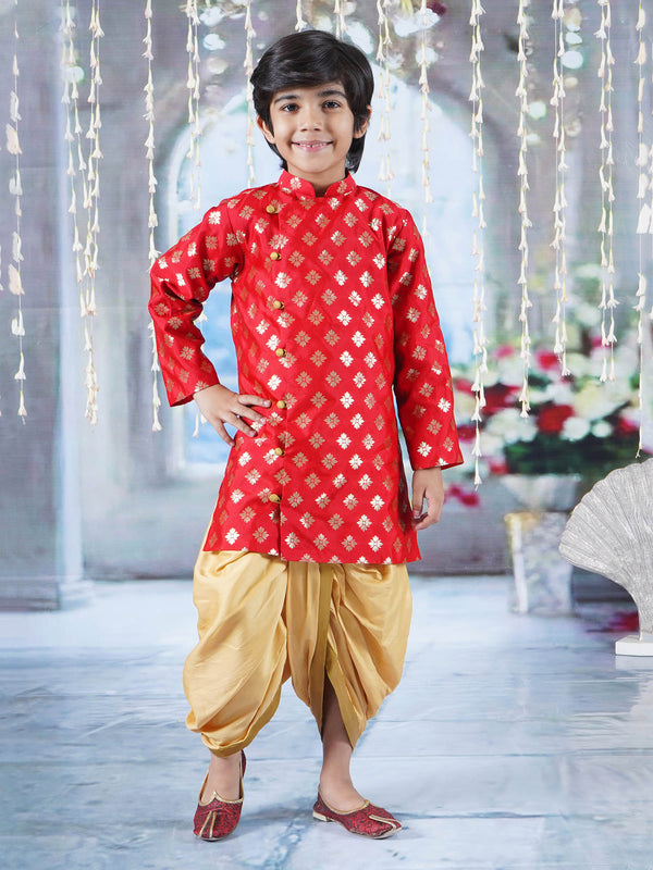 Boys Floral Embrodiery Sherwani with Dhoti -Red & Golden