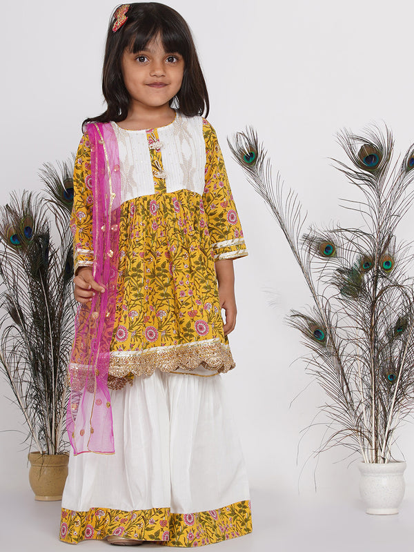 Girls Floral Kurta Frock with Sharara and Dupatta - White & Yellow - Little Bansi