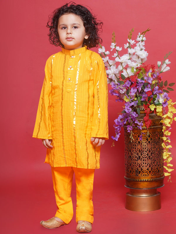 Cotton Full Sleeves Lurex Striped Kurta with Pyjama -Yellow