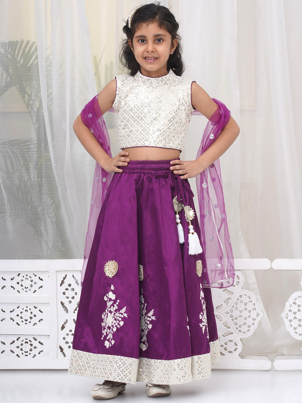 Little Bansi Girls Silk Brocade Kali Work Lehenga with Floral Thread Work & Sequin work Sleeveless Blouse with Dupatta - Purple