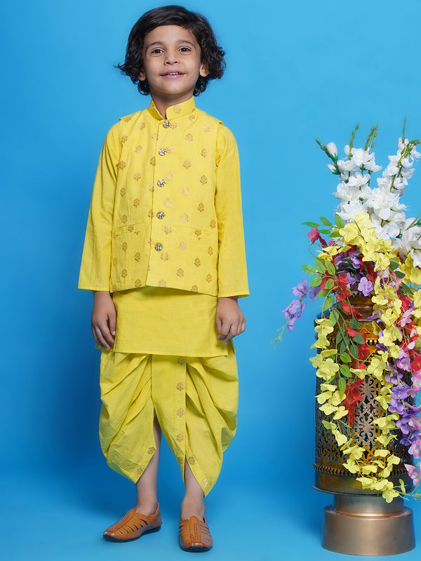 Cotton Sleevelees Golden Floral Embrodiery Nehru Jacket with Kurta and Dhoti - Kaccha Yellow