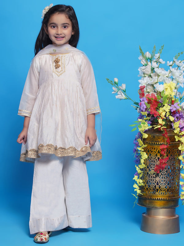 Little Bansi Girls Chanderi Cotton Three Fourth Sleeves Kurta Frock with Plazzo and Dupatta with Boota,  Lace & Tussel work - Cream