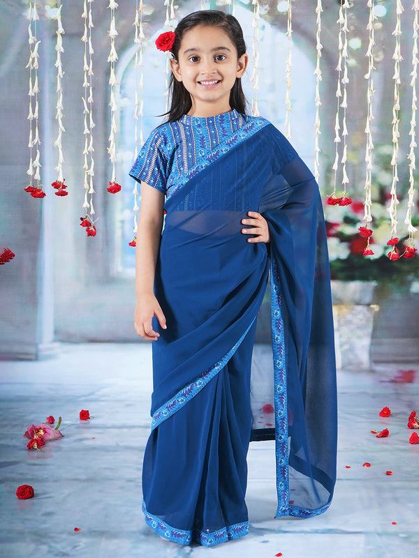 Jaipuri Indigo Floral Blouse with Ready to Wear Saree - Blue
