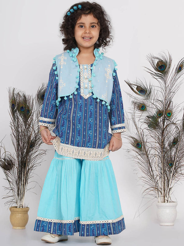 Girls Floral Print Kurta with Lace work and Sharara with pom pom jacket - Little Bansi