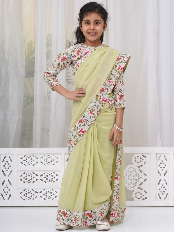 Little Bansi Girls Cotton Three Fourth Sleeves Floral Print Ready to wear Blouse with Ready to wear Georgette Saree - Apple Green