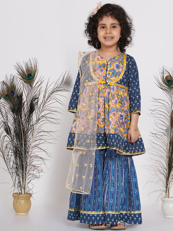 Girls Floral Kurta with Indigo Floral Jacket with Sharara and Dupatta in Blue & Yellow - Little Bansi