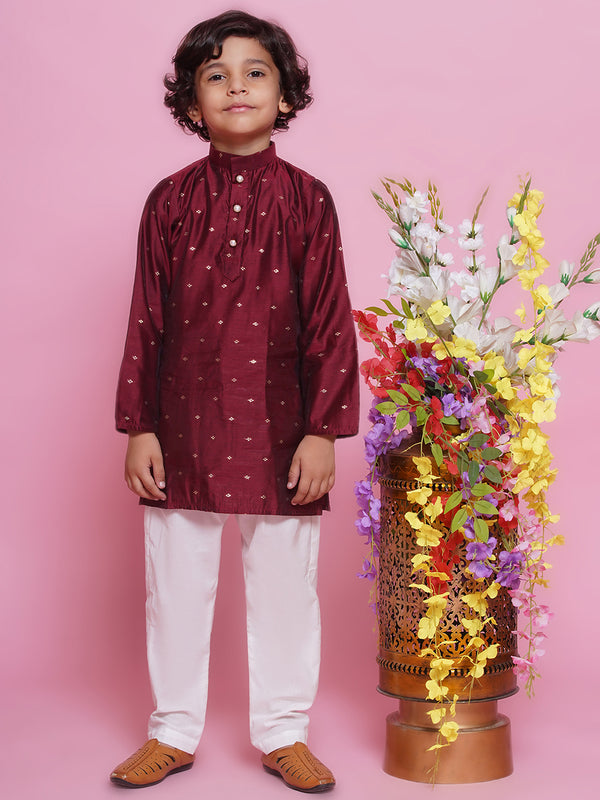 Little Bansi Boys Cotton Silk Full Sleeves Boota work Kurta with Pyjama -Mahroon