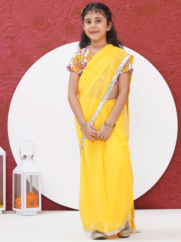 Rajasthani Floral Ready to wear Blouse with Ready to wear Georgette Saree - Yellow