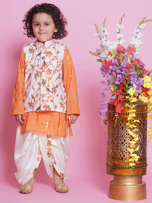 Cotton Sleevelees Floral Bird Thread Embrodiery Nehru Jacket with Striped Kurta and Dhoti - Orange and Cream