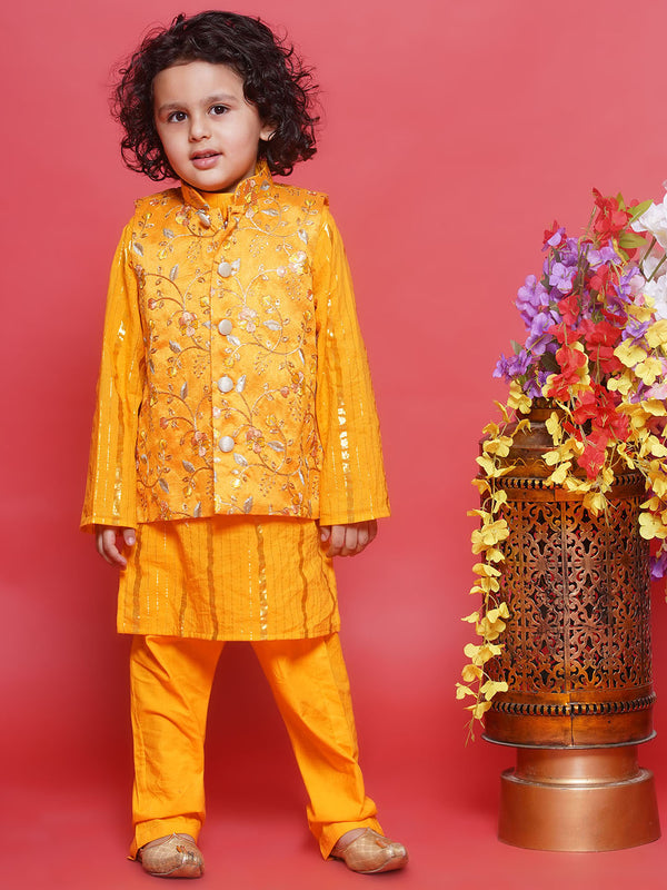 Cotton Full Sleeves Kurta with Floral Embroidery Nehru Jacket and Pyjama -Haldi Yellow