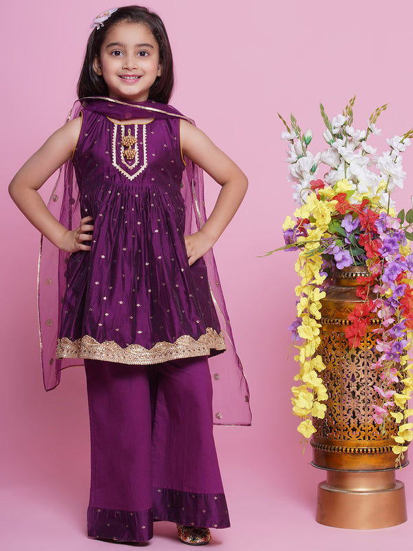 Little Bansi Girls Chanderi Cotton Sleeveless Kurta Frock with Plazzo and Dupatta with Boota,  Lace & Tussel work - Royal Purple