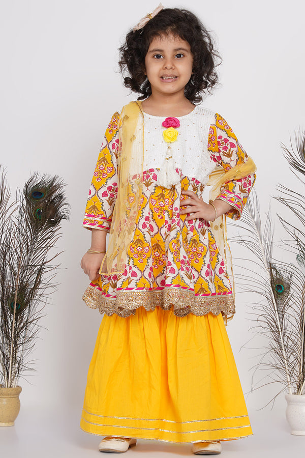 Girls Floral & Bead Embroidery work Kurta Frock with Sharara & Dupatta in Yellow - Little Bansi