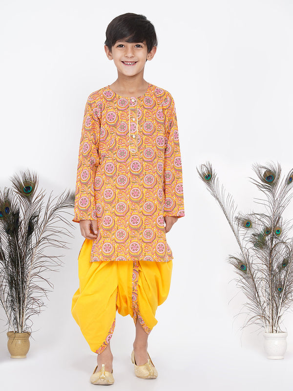 Boys Floral Kurta with Pearl Buttons and Dhoti in Yellow - Little Bansi