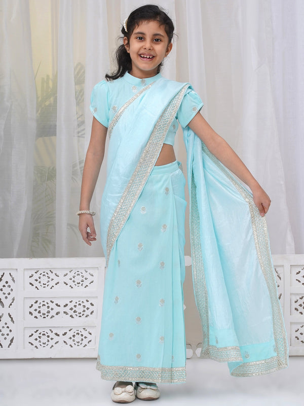 Little Bansi Girls Cotton Puff Sleeves Rose Embroidery Ready to wear Blouse with Ready to wear Chanderi Saree - Sky Blue