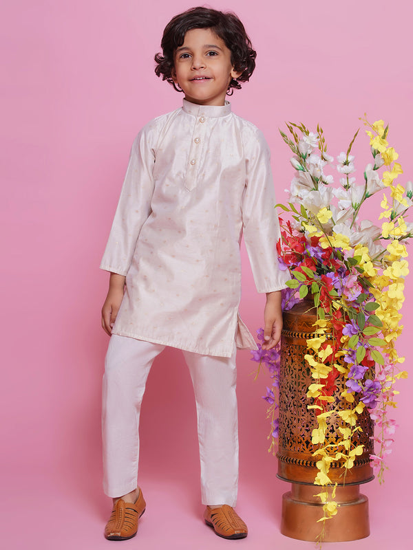 Little Bansi Boys Cotton Silk Full Sleeves Boota work Kurta with Pyjama -Cream