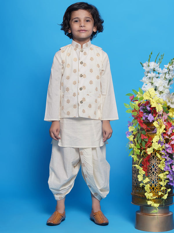 Cotton Sleevelees Golden Floral Embrodiery Nehru Jacket with Kurta and Dhoti - Cream