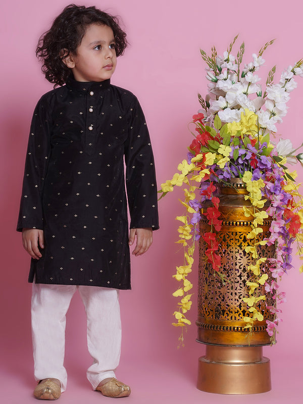 Cotton Silk Full Sleeves Zari Embroidered Kurta with Pyjama -Black