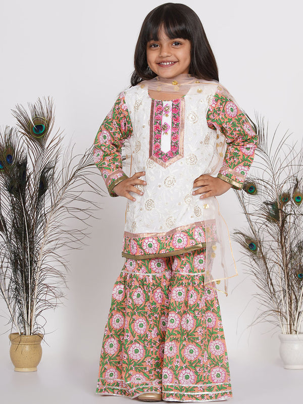 Girls Floral Embroidery Kurta with Floral Sharara & Dupatta- Orange Pink & White - Little Bansi