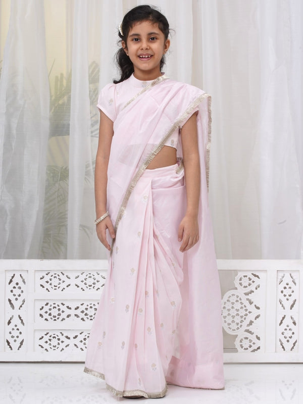 Little Bansi Girls Cotton Puff Sleeves Rose Embroidery Ready to wear Blouse with Ready to wear Chanderi Saree - Pink