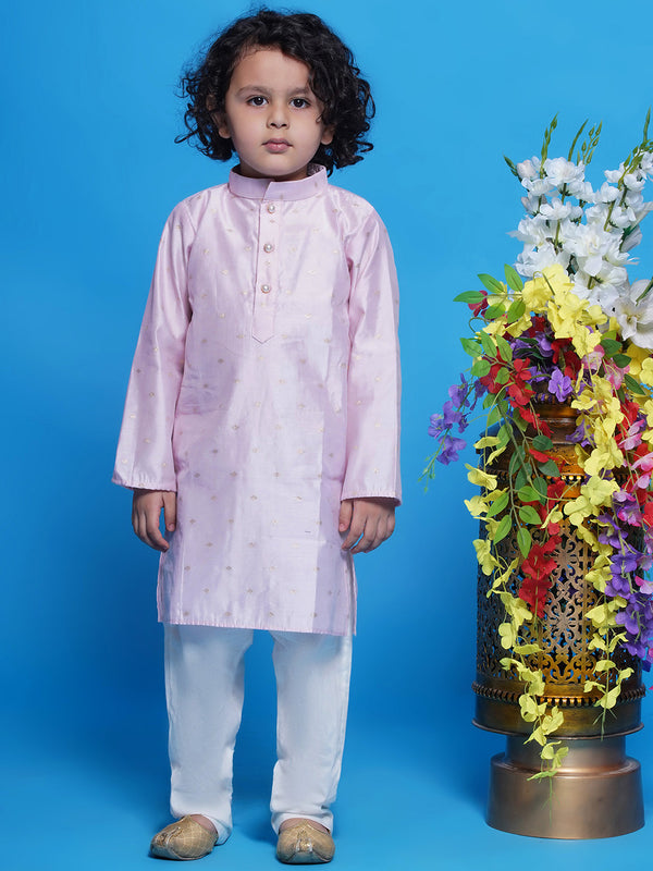 Little Bansi Boys Cotton Silk Full Sleeves Boota work Kurta with Pyjama -Baby Pink