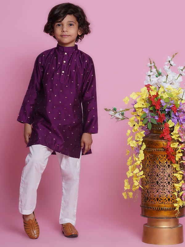 Little Bansi Boys Cotton Silk Full Sleeves Boota work Kurta with Pyjama -Royal Purple