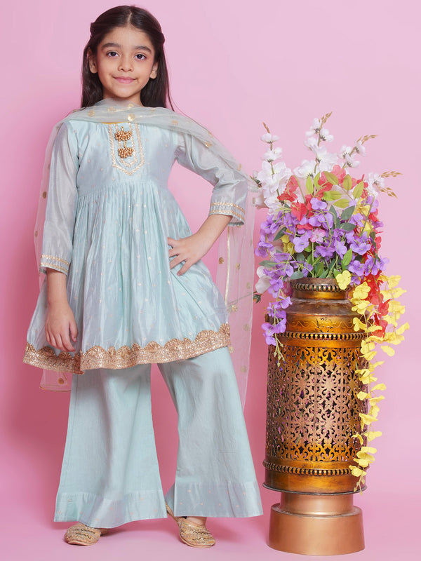 Little Bansi Girls Chanderi Cotton Three Fourth Sleeves Kurta Frock with Plazzo and Dupatta with Boota,  Lace & Tussel work - Dolphin Green