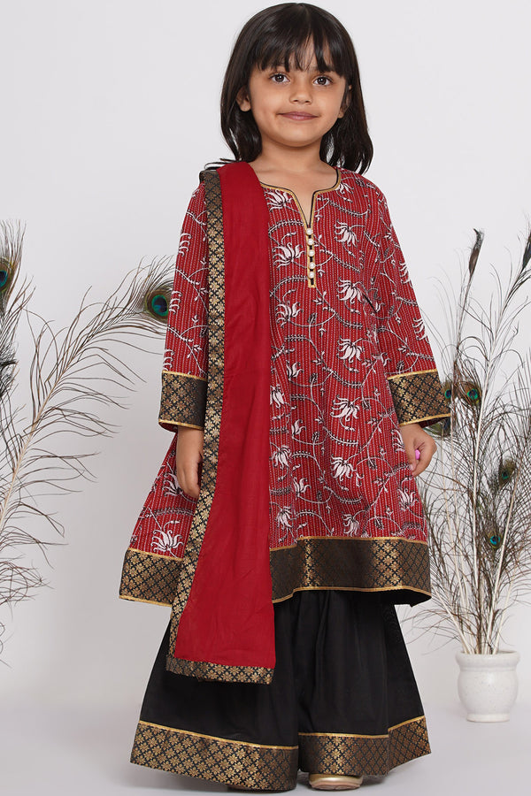 Girls Kantha work Lotus Print Long Maroon Kurta with Black Sharara and Dupatta - Little Bansi