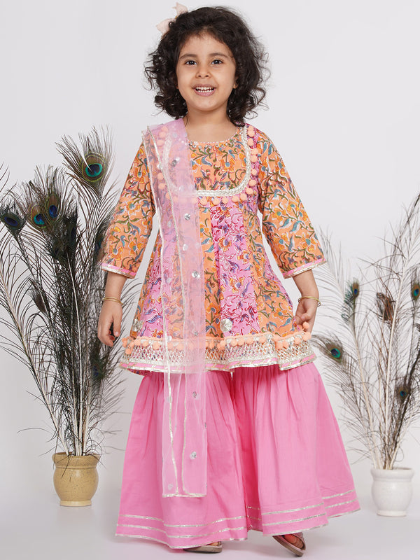 Girls Jaipuri Floral  Kurta with sharara and dupatta - Orange and Pink - Little Bansi