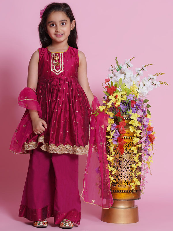 Chanderi Cotton Sleeveless Zari Boota & Lace Embellished Kurta Frock with Plazzo and Dupatta - Hot Pink