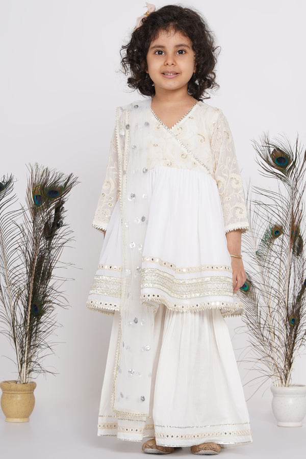 Girls Floral Embroidery and Lacework Angrakha Kurta with Sharara - Little Bansi