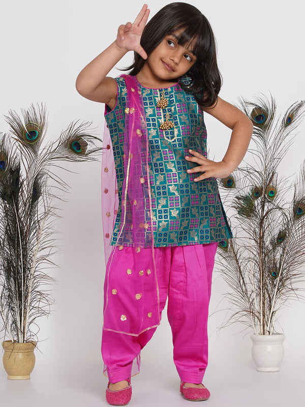 Girls Banarsi Kurta with Salwar and Dupatta - Peacock Green and Rani - Little Bansi