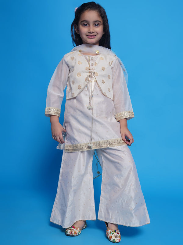 Little Bansi Girls Chanderi Cotton Three Fourth Sleeves Kurta with Attached Floral Jacket and Plazzo with Dupatta Adorned by  Lace & Tussel work - Cream